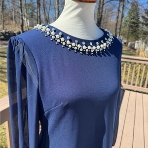 Tahari Embellished Collar Sheath Dress Sheer Long Sleeves